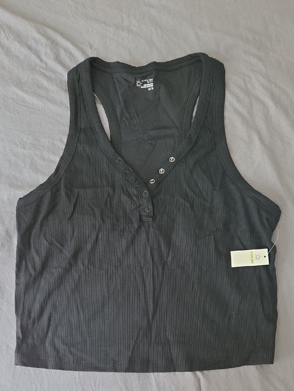 aerie Black Ribbed Henley Crop Tank